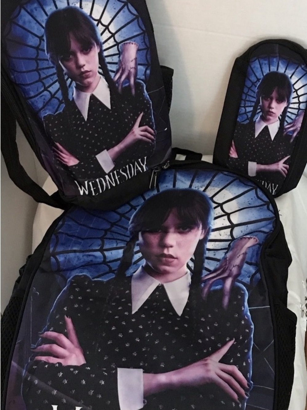 Black & Blue Graphic Backpack Set with 'Wednesday' Motif